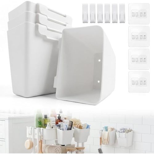 4 Pack Rolling Cart Accessories, White Craft Cart Cup Holder and 6 Hooks for Utility Carts Accessories, Adhesive Kitchen Cabinet Door Storage, Space-Saving Wall Mount Organizer for Bathroom, Office