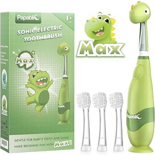 Papablic Toddler Sonic Electric Toothbrush Kids for Ages 1-3 Years, Baby Electric Toothbrush with Cute Dino Cover and Smart LED Timer, 4 Brush Heads (Max)