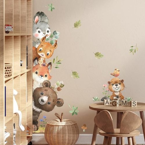 Tanlaby Jungle Animals Wall Stickers Cartoon Woodland Animal Wall Decals Bear Fox Forest Self-Adhesive Mural Removable Wall Art Sticker for Baby Nursery Kids Bedroom Playroom Daycare Classroom Decor