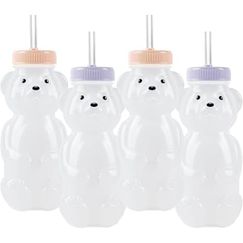Honey Bear Straw Cups for Babies 4 pack, 8oz straw bear cup with improved safety lid design, honey bear cup and honey bear bottle. Straw learning therapy cup. Leak-Proof & Food-Grade & BPA Free