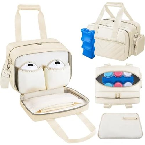 Breastmilk Cooler Bag with Ice Pack, Wearable Breast Pump Storage Bag, Insulated Bottle Travel Bag Compatible with Momcozy/Elvie/Willow, Fits 6 Baby Bottles up to 9 Ounce with Shoulder Strap, Beige