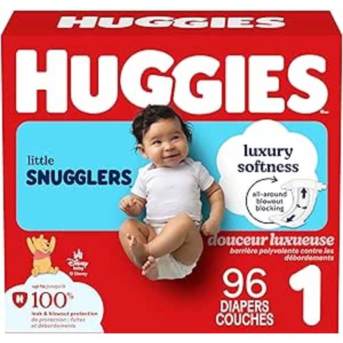 HUGGIES Diapers Size 1 - Huggies Little Snugglers Disposable Baby HUGGIES Diapers, 96ct, Giga Pack | GentleAbsorb Liner, Leak Lock, Wetness Indicator, Fragrance Free, Up to 14 Lb