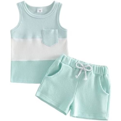 Kupretty Toddler Baby Boy Clothes 12 18 24 Month 2T 3T Summer Outfit Stripe Waffle Knit Sleeveless Vests Shirts Shorts Set