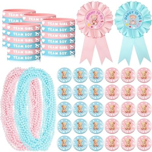 Hungdao 92 Pieces Gender Reveal Party Favors 30 Button Pins 30 Silicone Gender Reveal Bracelets 30 Pink Blue Bead Necklaces 2 Badge Pin for Party Supplies(Bear)