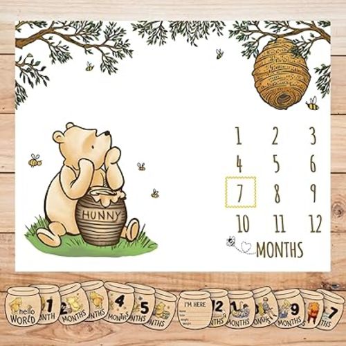 Classic Winnie Milestone Blanket and Cards Pooh Baby Growth Monthly Blanket Newborn Photography Background Decor Nursery Bed Blankets Winnie Party Decorations
