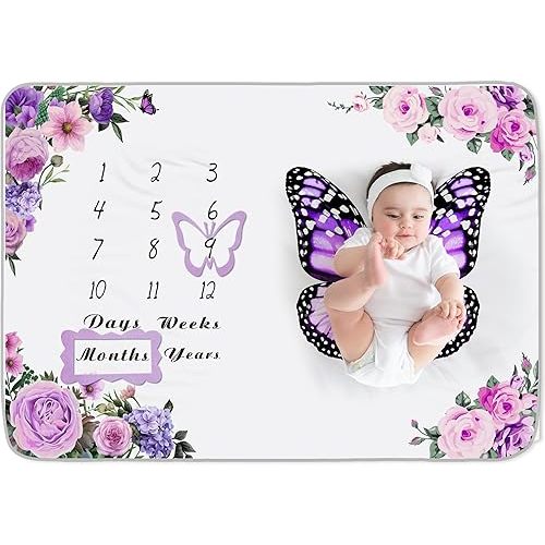 Chumia Baby Monthly Milestone Blanket for Baby Girl 59" x 39" Floral Butterfly Photo Prop Blanket Baby Age Milestone Blanket with 2 Felt Floral Wreath Frame