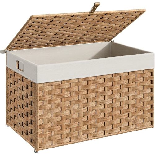 HOOBRO Storage Basket with Lid, 52.8 Gallon (200L) Wicker Basket, Handwoven Blanket Storage Basket with Handles, Metal Frame and Soft Lining, Foldable for Bedroom, Laundry Room, Natural NL220CW01