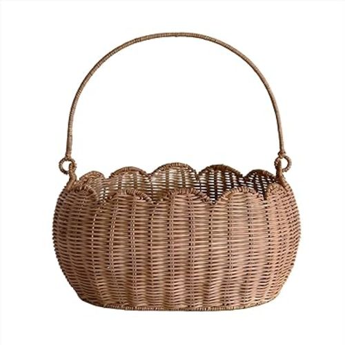 Scalloped Edge Round Basket with Handle, Super Sturdy Wicker Storage Baskets, Hand Woven Basket for Shelves,Natural Baskets for Organizing (Rattan(12.6 * 9 * 6.1))