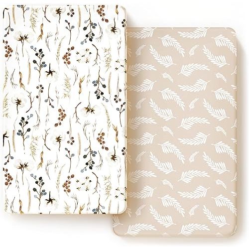 Stretch Ultra Soft Jersey Knit Fitted Crib Sheets Set 2 Pack, Fits All Standard Crib Mattress Pads Safe and Snug, Stylish Pretty Flora for Baby, Beige