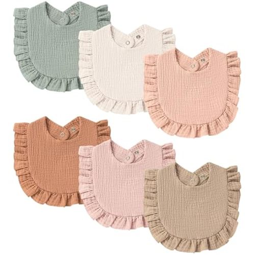 Muslin Baby Bibs, Ruffle Edge Drool Bibs, 6-Pack
