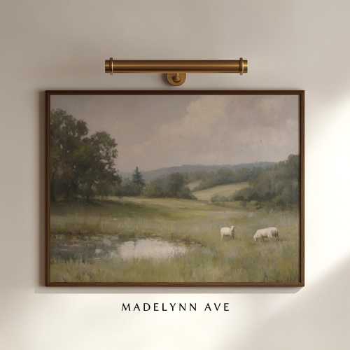 By Still Waters – Christian Unframed Art Print of Sheep in Pasture, Psalm 23 Inspired Landscape Wall Art - Paper or Canvas