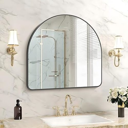 FORBATH Arched Bathroom Mirror 24x24 Inch, Black Bathroom Mirror Wall Mounted Modern Aluminum Alloy Frame Arch Mirror for Bedroom Living Room Entryway, Hanging or Leaning Against Wall