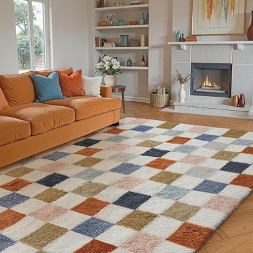Checkered Rug 5x8 for Living Room, Modern Rainbow Shag Rug Super Soft Washable Indoor Fuzzy Carpet Non-Slip Fluffy Rugs for Bedroom Home Aesthetic Decor