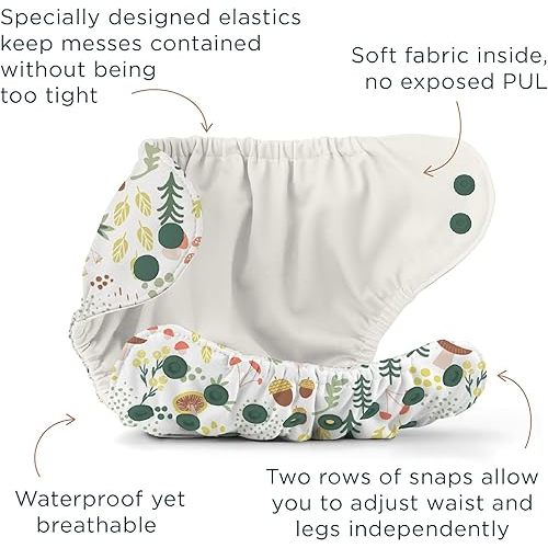 Esembly Cloth Diaper Bundle Set - 3 Organic Cotton Absorbent Inners and 1 Waterproof Outer Diaper Cover - Reusable, Washable, Snap Closure Cloth Diapers - Size 1 (7-17lbs), Fantastic Fungi