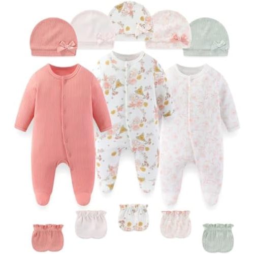 Fashion Baby Boy Girl Clothing Set Cotton Soft 3-Piece Long Sleeve Button Rompers 5-Pack Hats&Gloves Infant Clothes