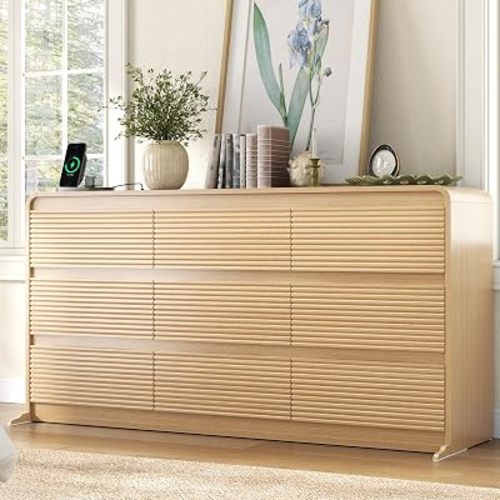 Gyfimoie 9 Drawers Dresser for Bedroom, 59" Wide Dressers & Chest of Drawers w/Curved Profile Design, Charging Station, Wood Mid Century Storage Dressers Organizer for Bedroom, Natural Oak