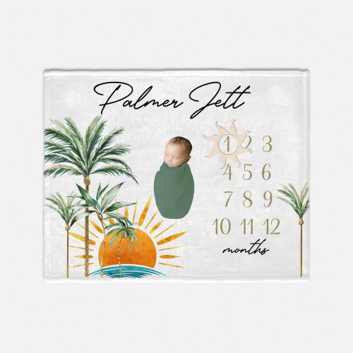 Tropical Milestone Blanket, Beach Monthly Baby Blanket, Palm Tree Blanket, Baby Shower Gift, Newborn Gift, Sun Milestone Blanket B69