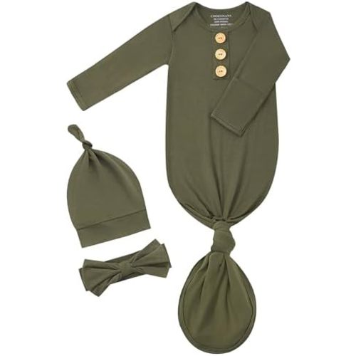 Newborn Knotted Gown Set, Soft Breathable Baby Sleep Gown with Hat & Headband for Boys Girls