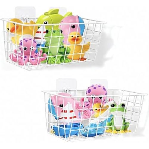 Hanging Bath Toy Storage Basket - 2 Pack Metal Bath Toy Holder with Hooks - Bathtub Toy Storage Organizer for Bath Shower Bathroom(White)
