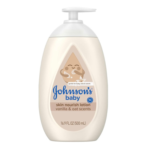 Johnson's Skin Nourish Moisturizing Baby Lotion for Dry Skin with Vanilla & Oat Scents, Gentle & Lightweight Body Lotion for the Whole Family, Hypoallergenic, Dye-Free, 16.9 fl. oz