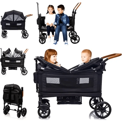Wagon Stroller for 2 Kids & Cargo-Travel Stroller Push-Pull Double Wagon Lightweight Folding Stroller for Newborn&Toddler with 5-Point Harness,Adjustable Handle Bar and Canopy,Tray Table,Cup Holder