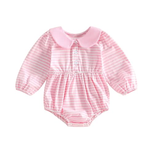 Baby Girl Bubble Romper Long Sleeve Striped Doll Collar Smocked Onesie Bodysuit Infant Outfit Cute Fall Clothes