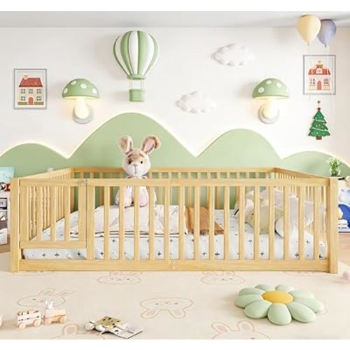 Bellemave Queen Size Montessori Floor Bed with 23.5" High Rails, Pine,Plywood Floor Bed with Small Door, Natural