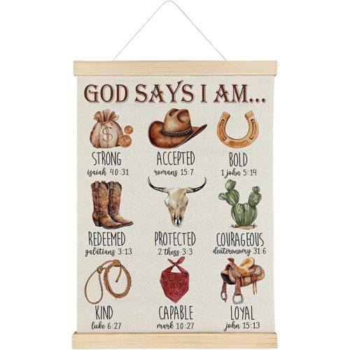 SereneHanctuary Western Christian Wall Art, God Says I Am Cowboy Nursery Wall Decor, Inspirational Religious Bible Verse Poster Hanger Frame for Boys Room Bedroom Church Nursery, 12x16 Inches