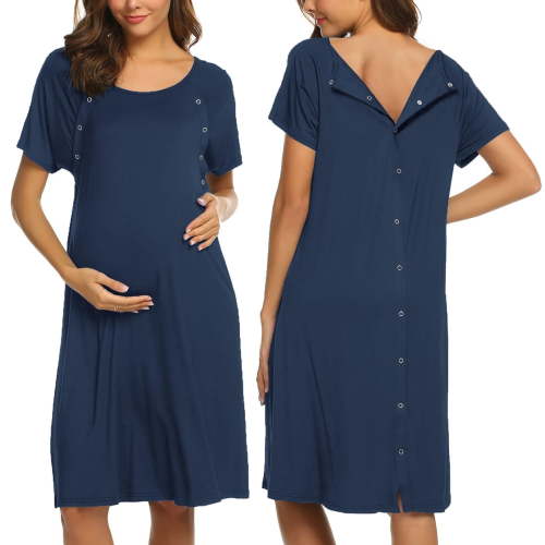 KISSGAL Women Maternity Nursing Nightgown with Button Short Sleeve Nursing Dress for Breastfeeding Labor and Delivery Gown for Hospital S-XXL