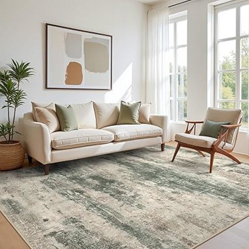 Area Rugs 6x9 for Living Room Bedroom, Modern Abstract Machine Washable Rug, Large Soft Low Pile Floor Cover with Non Slip Backing for Dining Room, Muted Green/Beige