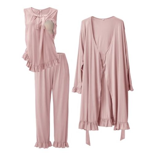 SUNNYBUY 3 PCS Ruffle Maternity Nursing Pajamas Set & Robe for Postpartum | Breastfeeding Tank Top with a Cute Bow, Pregnancy Pants & Robe, Hospital Bag Essential PJs