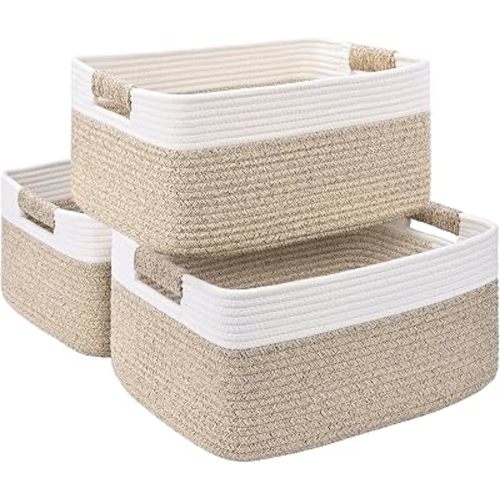3 Pack Large Storage Basket for Organizing, 17.5"x13"x7" Woven Basket for Shelves, Closet Cube Storage Bins with Wrapped Handle, Cotton Rope Baskets for Kitchen, Clothes, Toys(Off White & Brown)