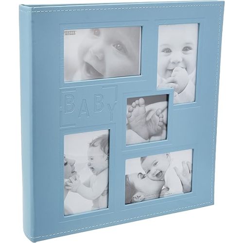 Pioneer Collage Frame Embossed "Baby" Sewn Leatherette Cover Photo Album, 4"x6", 240 Photos, Baby Blue