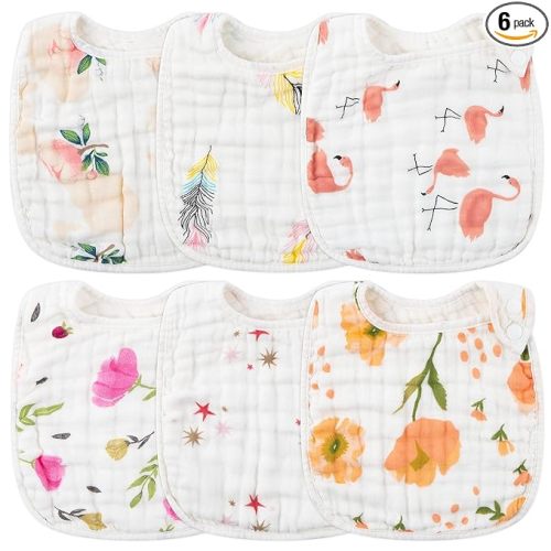 Zainpe 6Pcs Snap Muslin Cotton Bibs for Baby, Flamingo Star Flower Machine Washable Adjustable Burp Cloths with 6 Absorbent Soft Layers for Infant Newborn Toddler Drooling Feeding and Teething