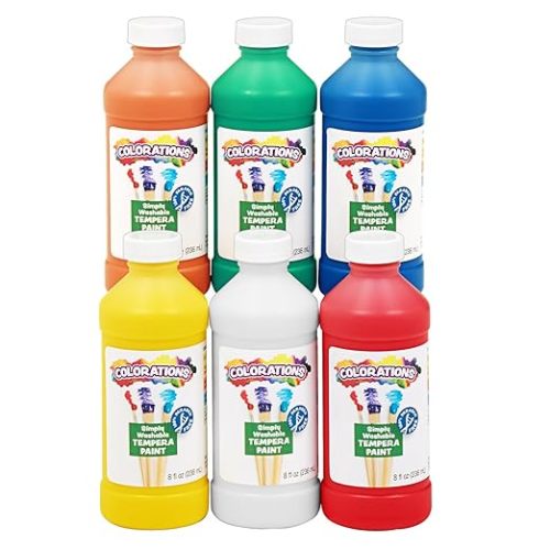 Colorations Paraben-Free Washable Tempera Paint for Kids - 8 Ounce Bottles, Set of 6 Primary Colors, Non-Toxic and Made in The USA