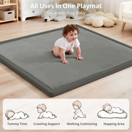 Baby Play Mat, Caveen Thicken Baby Playpen Mat, Flannel Soft Crawling Playmat for Infant, Anti-Slip, 50"x 50", Dark Grey