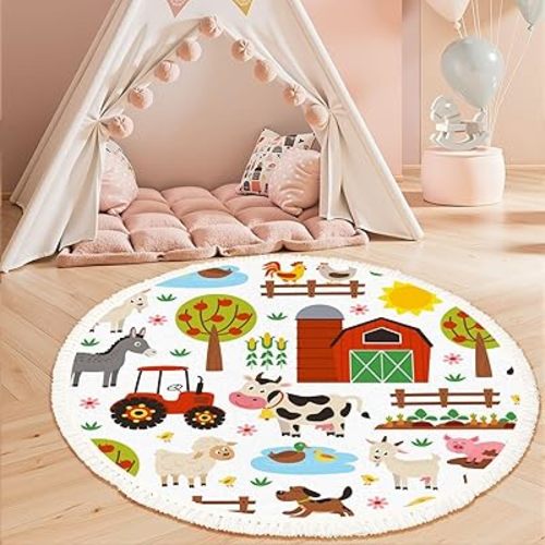 Round Rugs Seamless Pattern Farm Animals White Boho Area Rug Linen and Cotton Carpet Meditation Rug Washable Hallway Runner Mat Accent Rugs for Bedroom Nursery 3ft