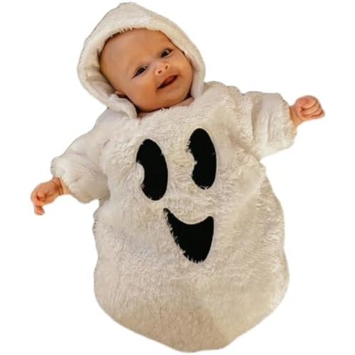 Infant Baby Girl Boy Halloween Costumes Fuzzy Jumpsuit Ghost Face Print Long Sleeve Hoodie Romper One Piece Clothes