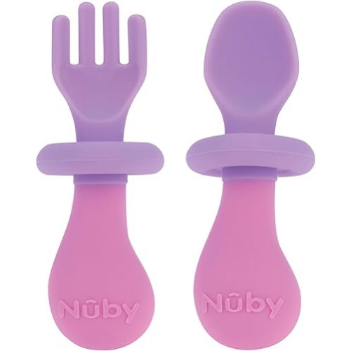 Nuby First Fork and Spoon Set - Utensils with Safety Guards for Babies 6+ Months - Purple and Pink