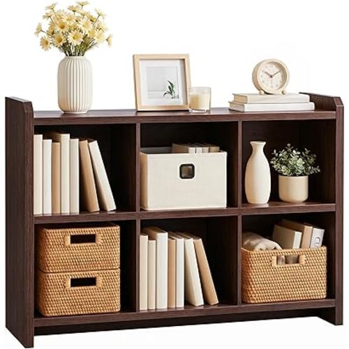 Janmer Home 6 Cube Storage Organizer, 45" Long Horizontal Low Bookshelf, Modern Minimalist Wooden Cubby Storage Cabinet Console Table, TV Stand for Living Room Bedroom Office,Dark Walnut
