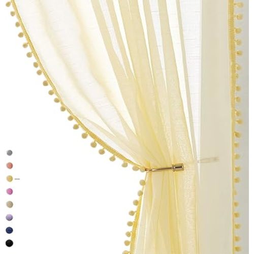 Treatmentex Pom-pom Sheer Curtains for Living Room, 84 inch Long Yellow Curtain Drapes for Kids Room 2 Panels Rod Pocket