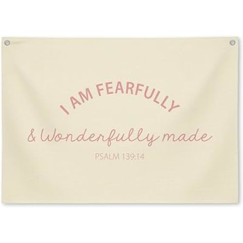 I Am Fearfully And Wonderfully Made”Linen Banner, Bible Quotes Christian Wall Decor For Nursery & Kids Playroom, Bible Verse Wall Art For Baby Boy Or Girl Room, Scripture Room Decor Pink-b08