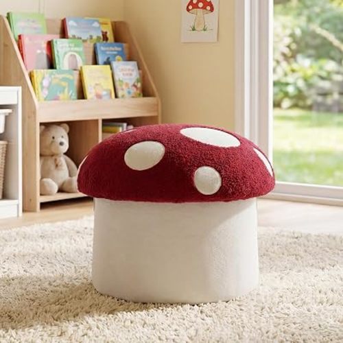 Kids Mushroom Storage Ottoman, Cute Ottoman for Kids, Mushroom Design, Children Round Storage Ottomans, Small Multi-Purpose Footstool for Playroom & Bedroom, Red Mushroom