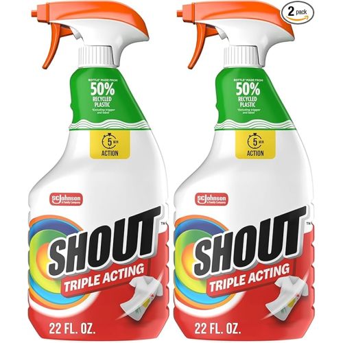 Shout Active Enzyme Laundry Stain Remover Spray, Triple-Acting Formula Clings, Penetrates, and Lifts 100+ Types of Everyday Stains - Prewash Spray 22oz (Pack of 2)