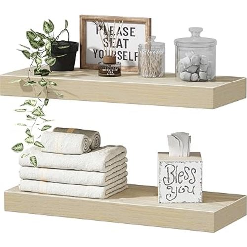 QEEIG Bathroom Shelves Wall Shelf Over Toilet Small 16 inch Set of 2, Natural Light Brown (008-40N)