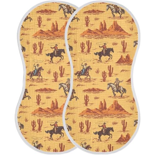 Muslin Burp Cloths for Baby Boys and Girls - 2-Pack Ultra Absorbent Western Desert Cowboy Muslin Washcloths, Newborn Towel, Milk Spit Up Rags, Burp Cloth Bibs for Unisex, 22 x 11 Inch
