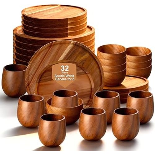 32pcs Acacia Wood Dinnerware Set, Unbreakable Wooden Plates and Bowls Set for 8, Easy-Cleaning ＆ Lightweight Dinnerware Sets for Snack, Dessert, Fruit, Salad, Housewarming Gifts, Christmas Gifts 2025