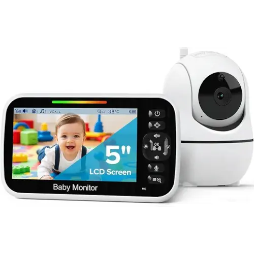 GoodBaby 5" Baby Monitor with Camera and Audio No WiFi | 30H Battery Life,1000ft Range, Remote PTZ, Auto Night Vision, Room Temperature, Two-Way Audio, Lullabies, Portable for Travel