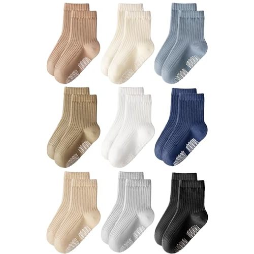HONGTEYA 9 Pairs Toddler Boys Socks, Baby Non Slip Socks for Infant Cotton Sock with Grippers 0-5 Years