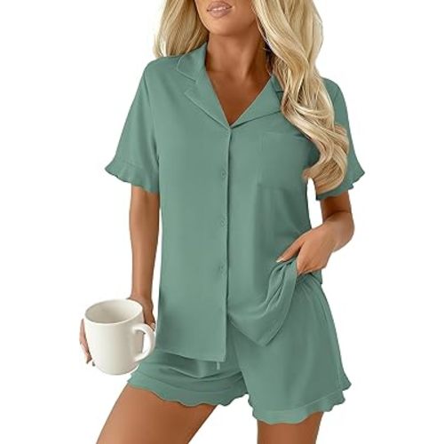 Ekouaer Pajamas Set for Women Button Down Pjs Lounge Sets Ruffle Short Sleeve Sleepwear Cute Loungewear